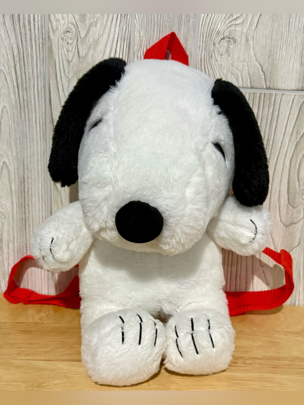 Peanuts Snoopy Plush Backpack White Black Red Adjustable Straps 12โ